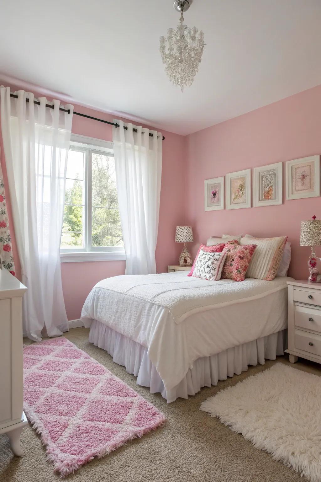 A classic rose and white color scheme creates a bright and airy bedroom.