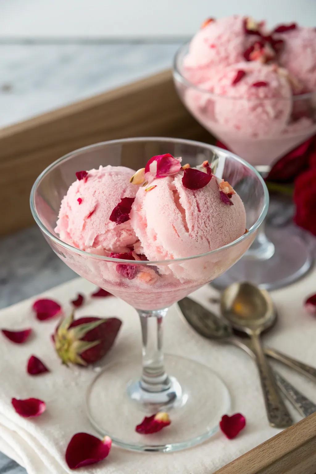 Rose petal ice cream offers a delicate and aromatic dessert option.