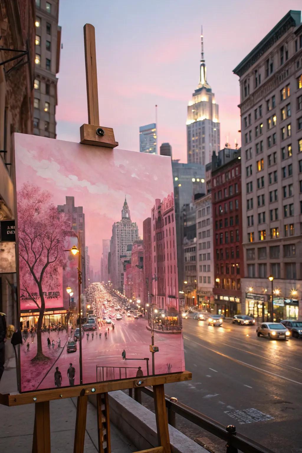 Dynamic metropolitan urban view artpiece in pink.