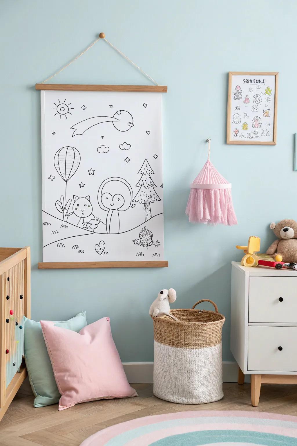 An drawn poster with playful line drawings in a nursery.