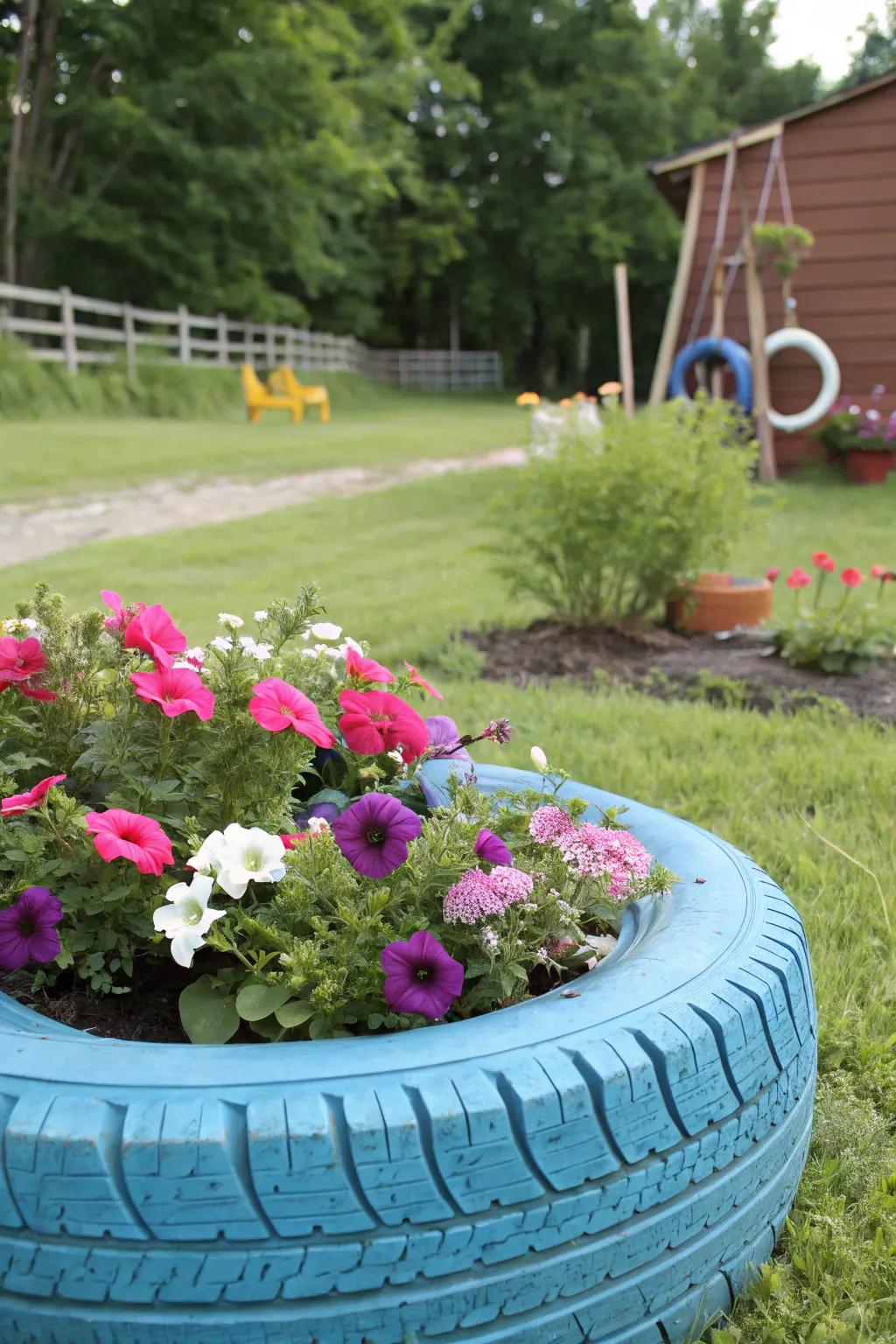 Change an old car tire into a unique garden container.