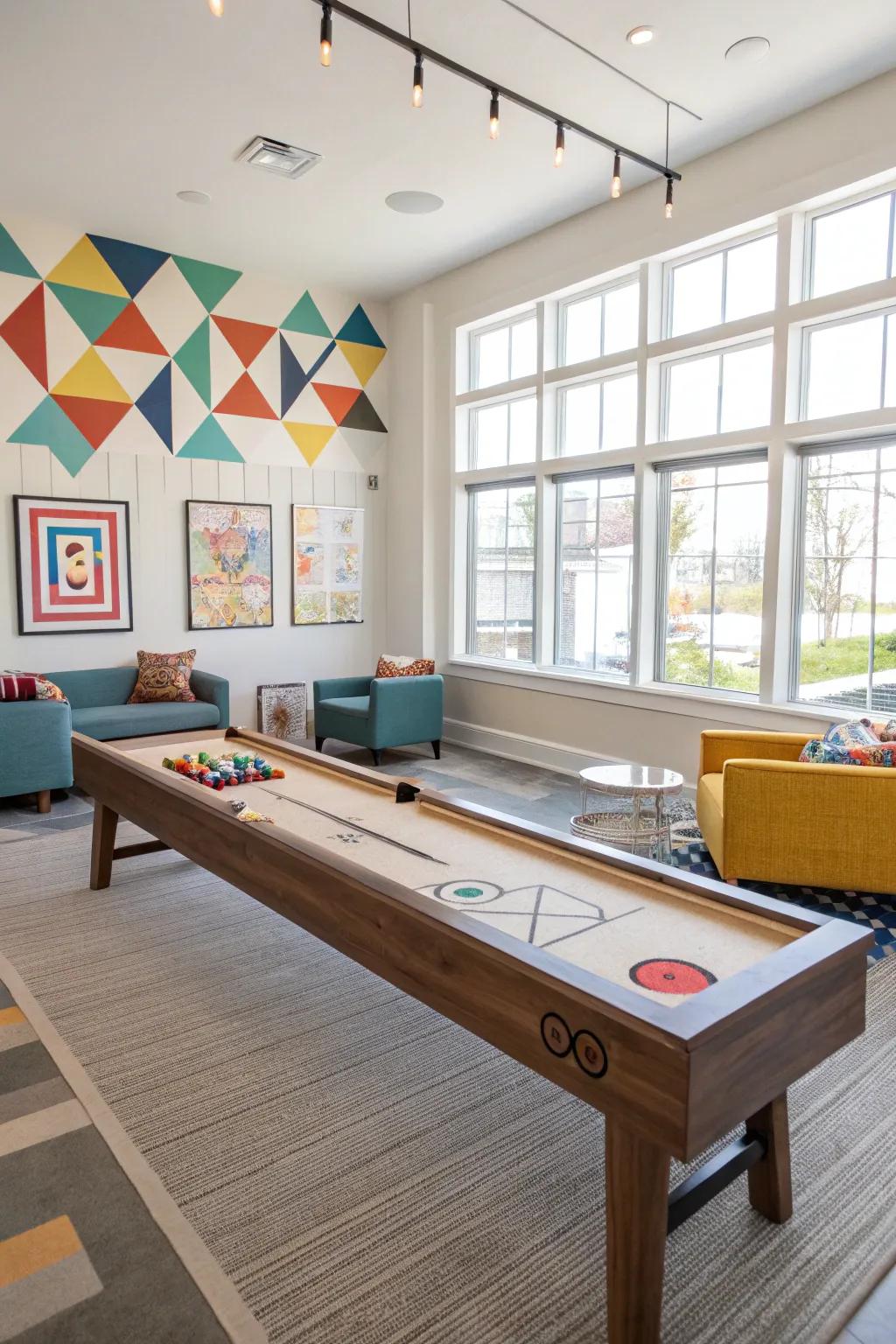 A playroom showcasing a fashionable shuffleboard table.
