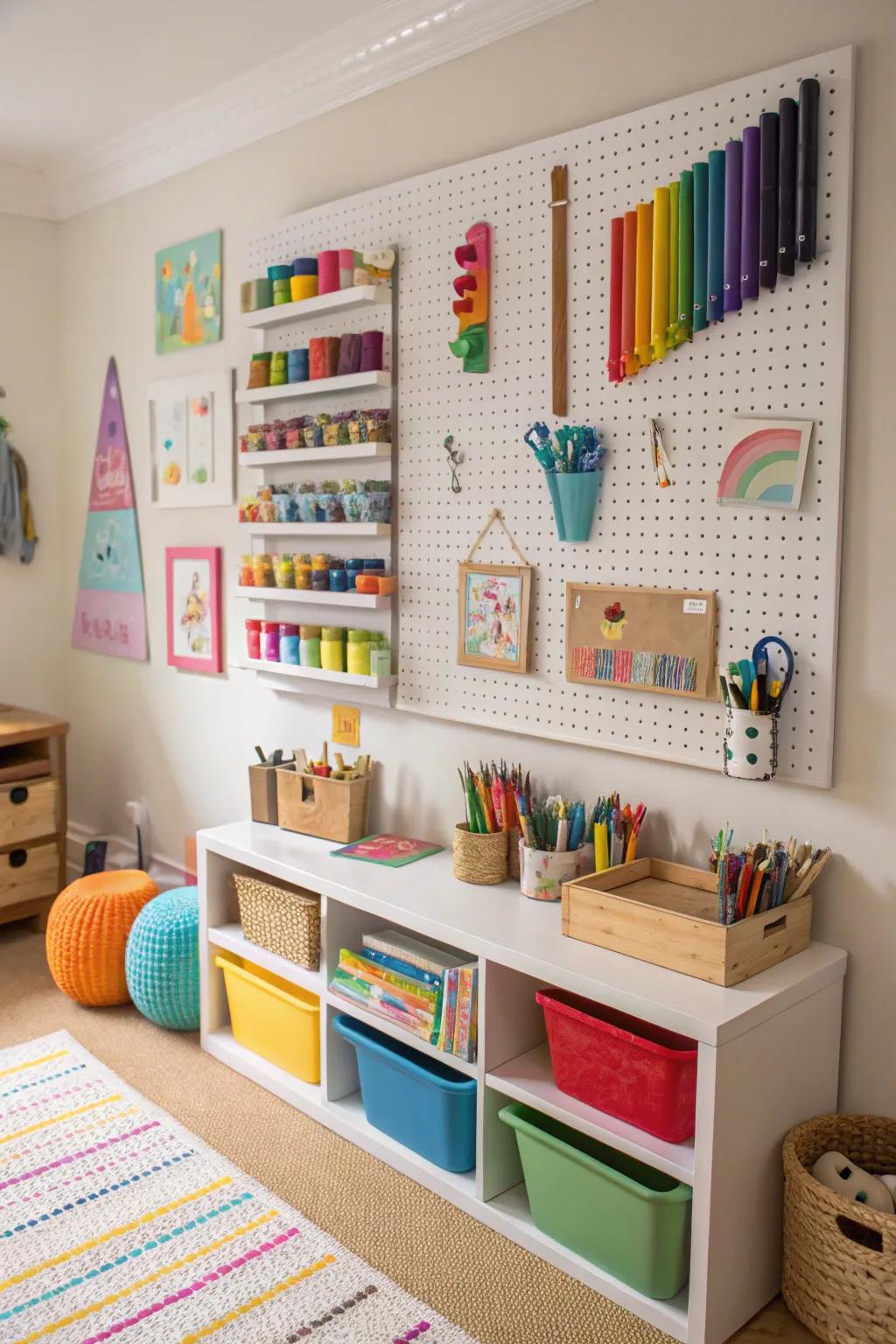 An artfully arranged pegboard in a playroom.