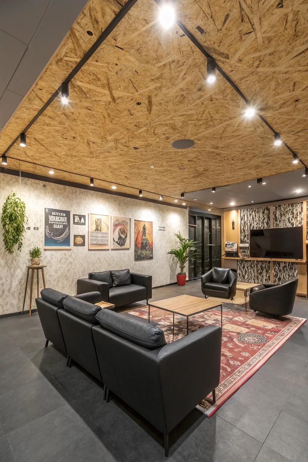An artistic plywood ceiling that turns the room into a conversation starter.