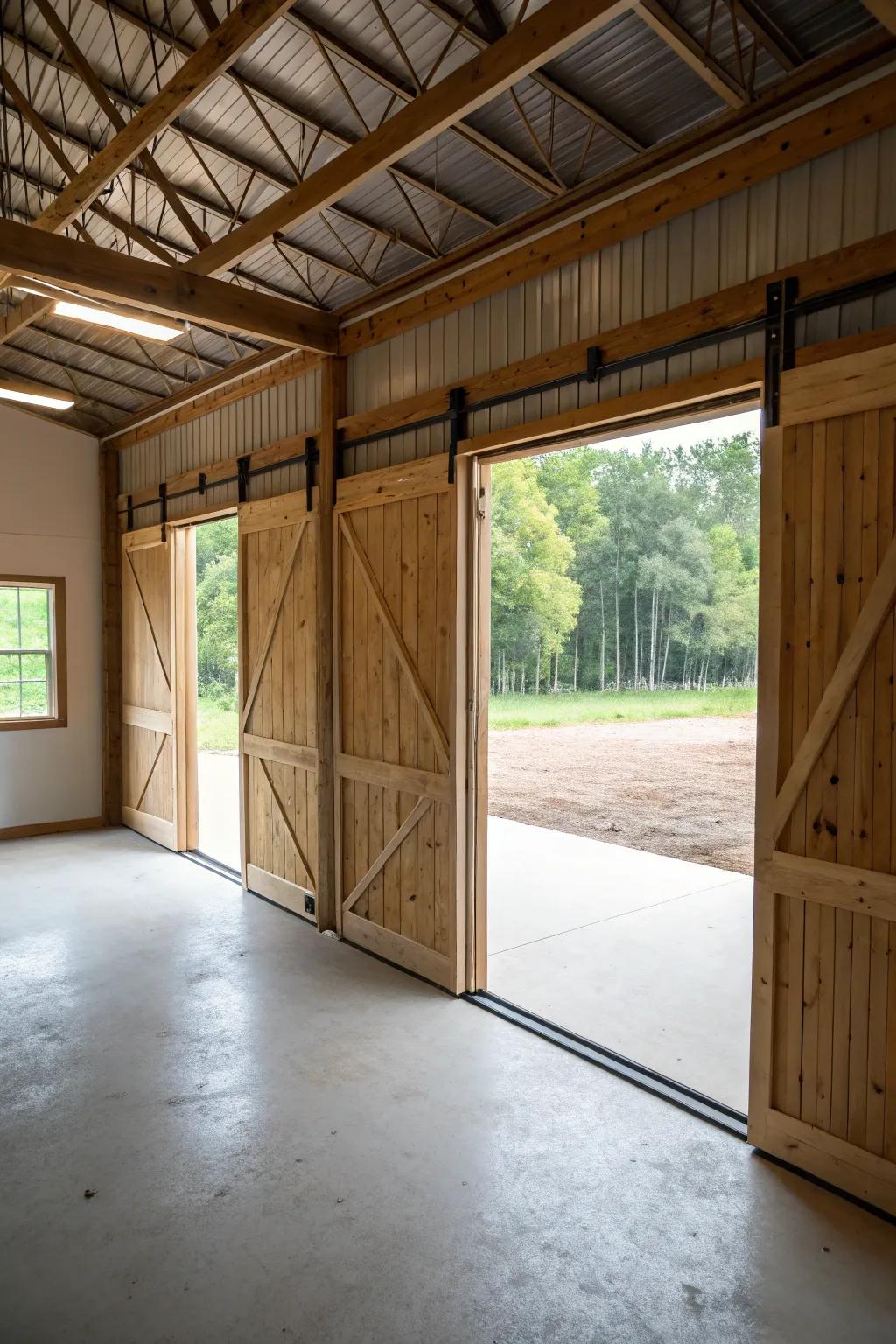 Sliding barn doors in a pole barn used as functional room dividers.