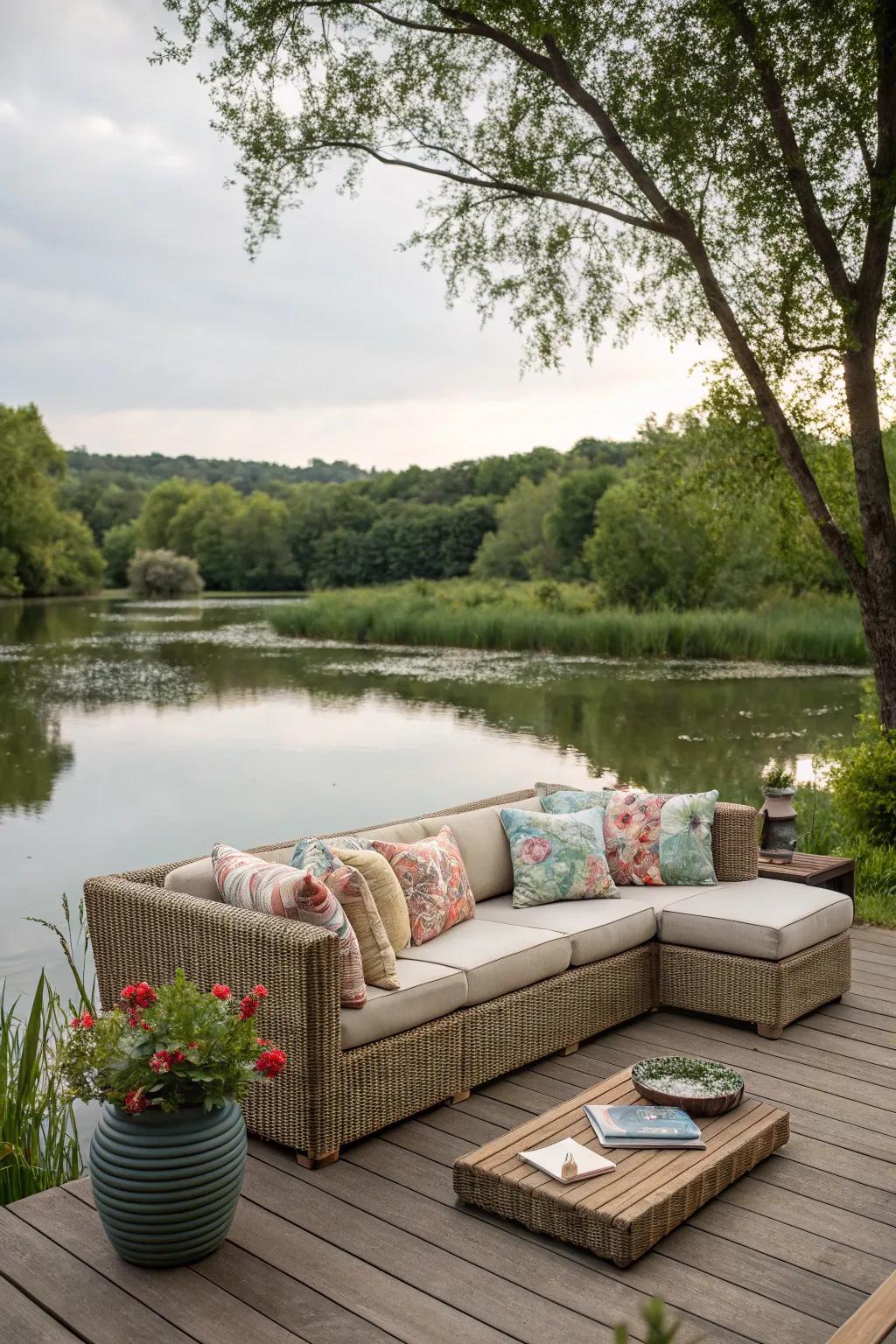 Exterior sofas furnish opulent comfort for savoring the pond vista.