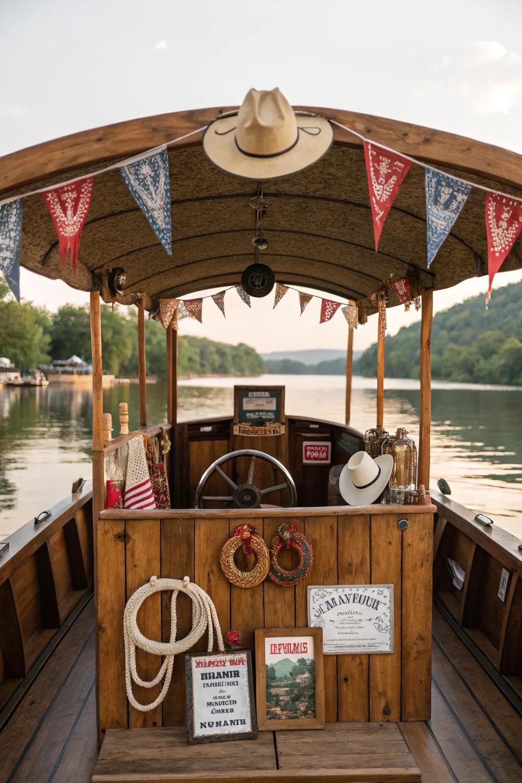 A pontoon boat designed with a Wild West theme, ready for a cowboy adventure.