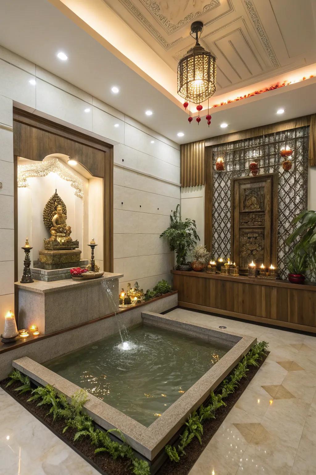 A small water feature adds a soothing soundscape to this pooja room.