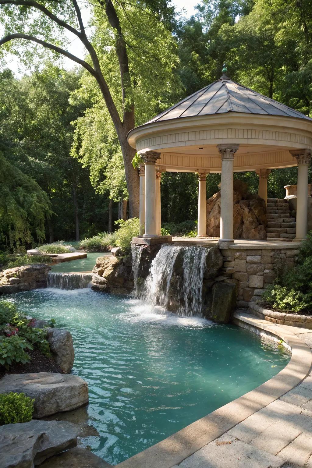 A waterfall feature adds a calming, resort-like ambiance to your pool pavilion.