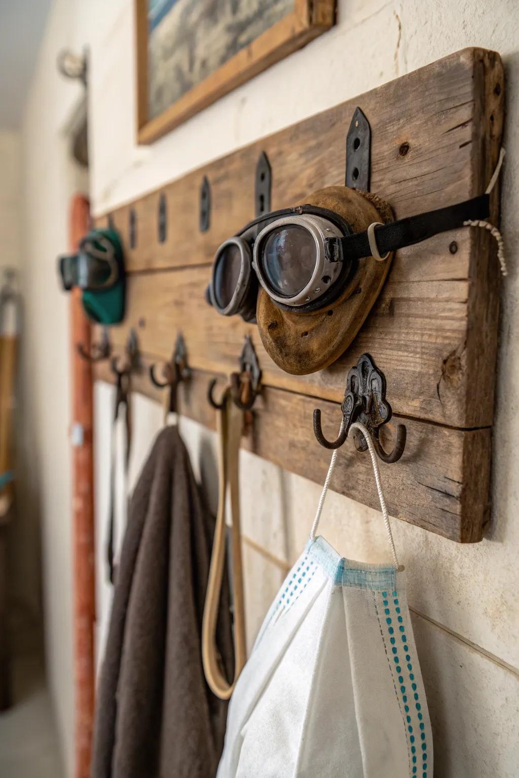 Weathered wood offers a functional and rustic way to store goggles.