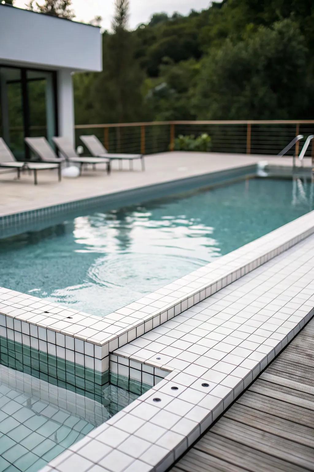 Minimalist tiles focus on simplicity and clean lines for a serene pool space.