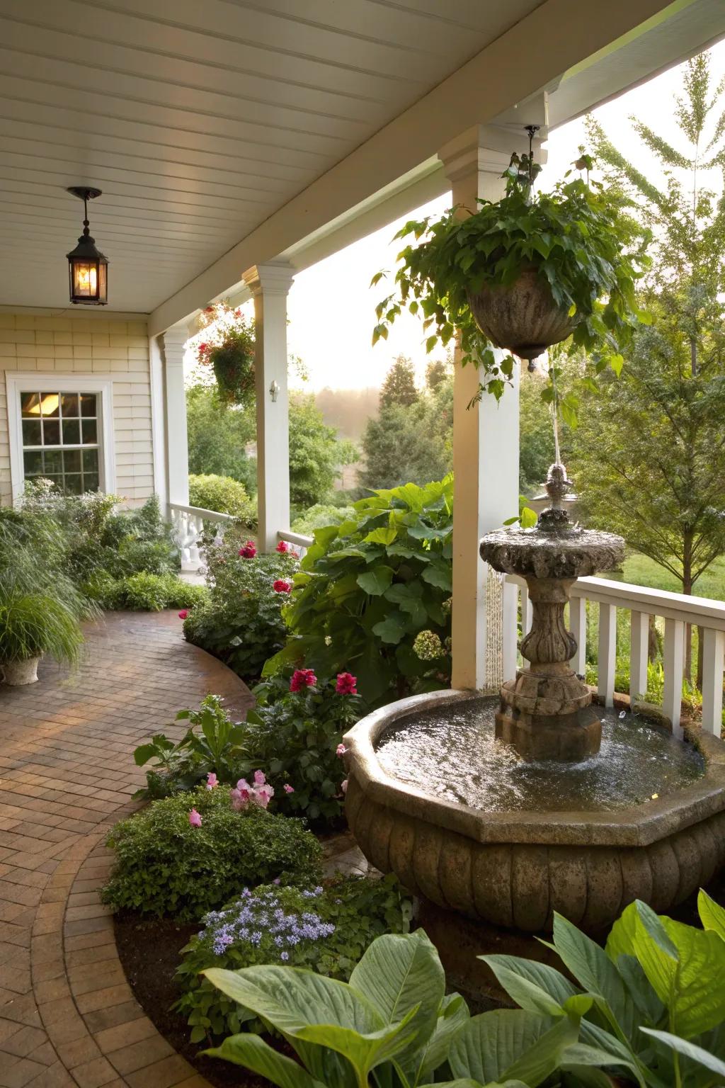 A porch addition featuring a small fountain.