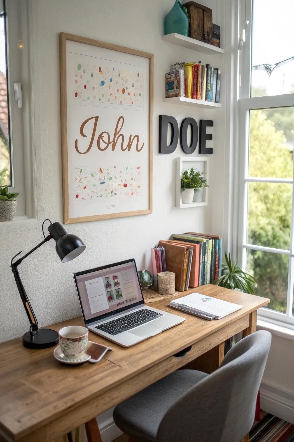 A custom pattern name poster adding a personal, unique touch to a well-designed office.