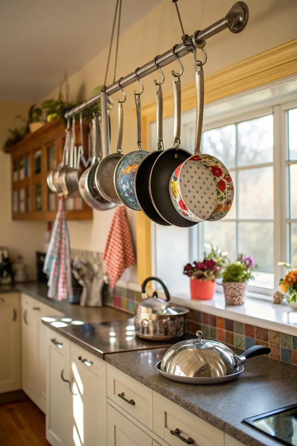 S-hooks on a rod offer flexible and customizable storage.