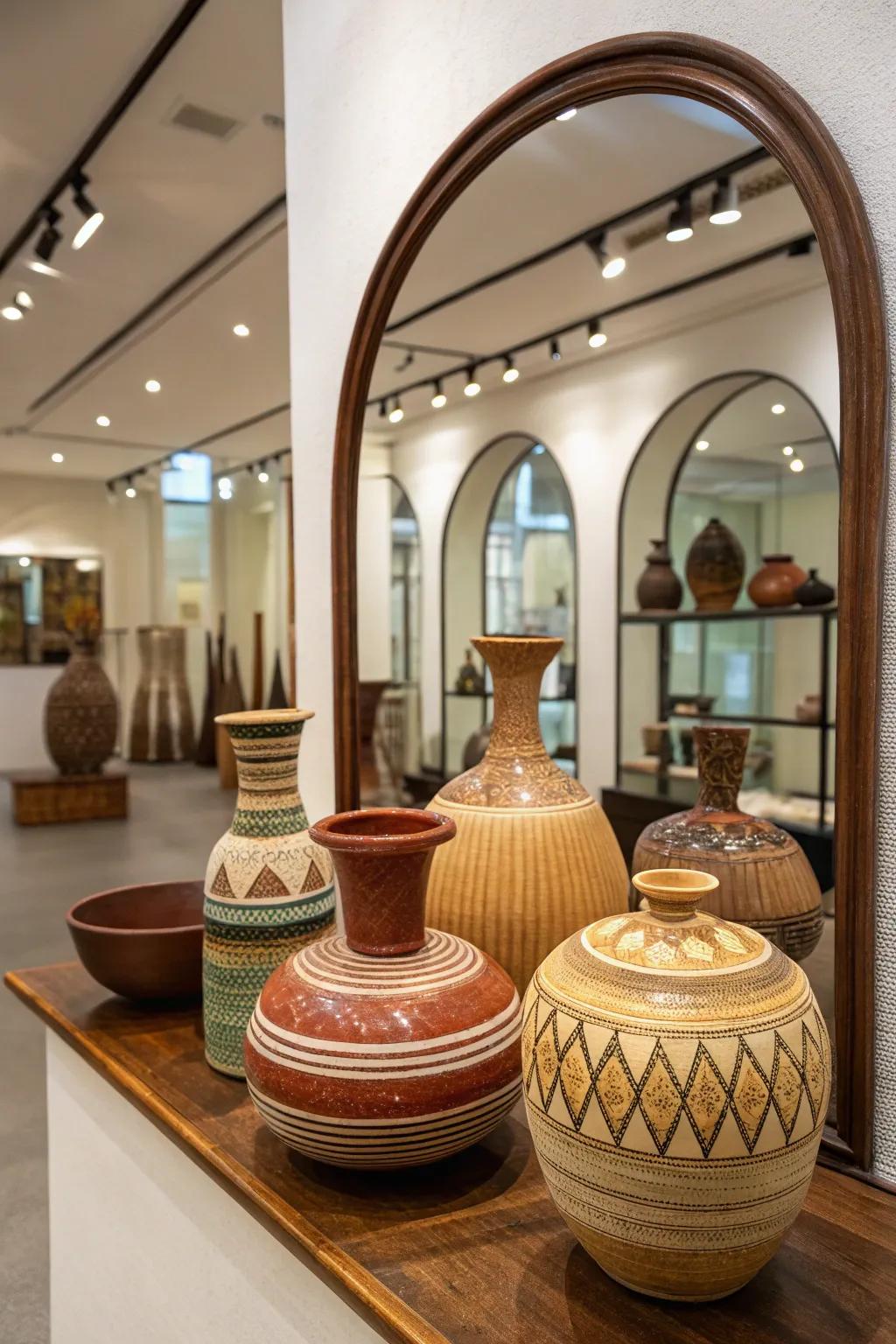 Pottery display enhanced by a mirror backdrop.