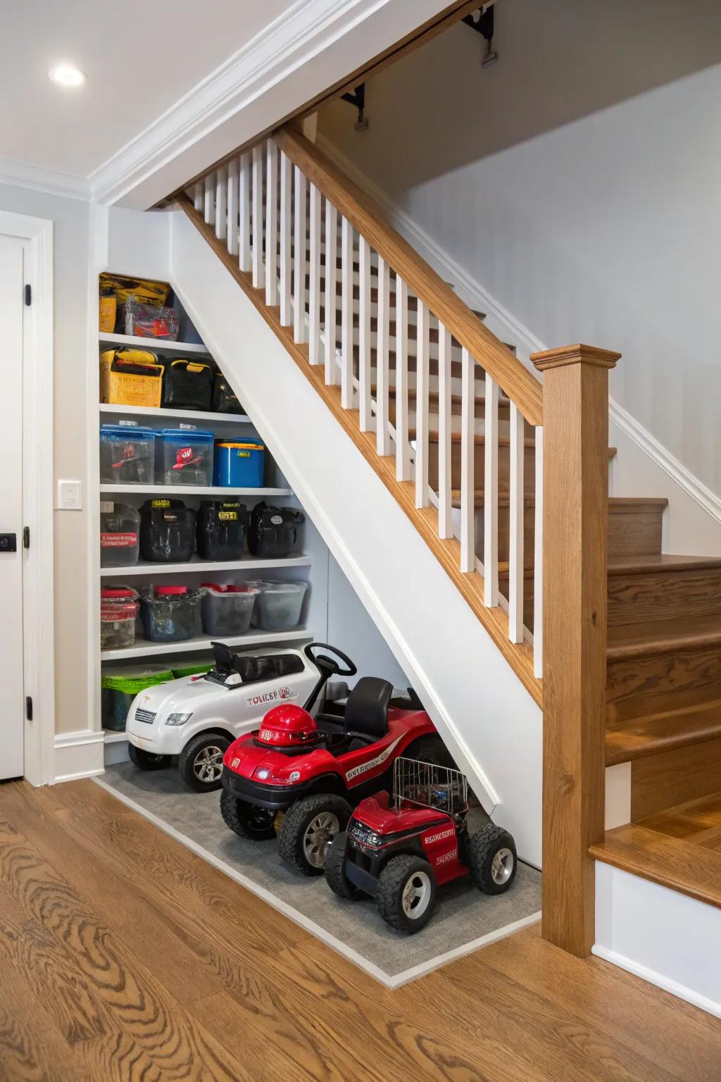 Below-stair storage cleverly concealing electric ride-on cars.