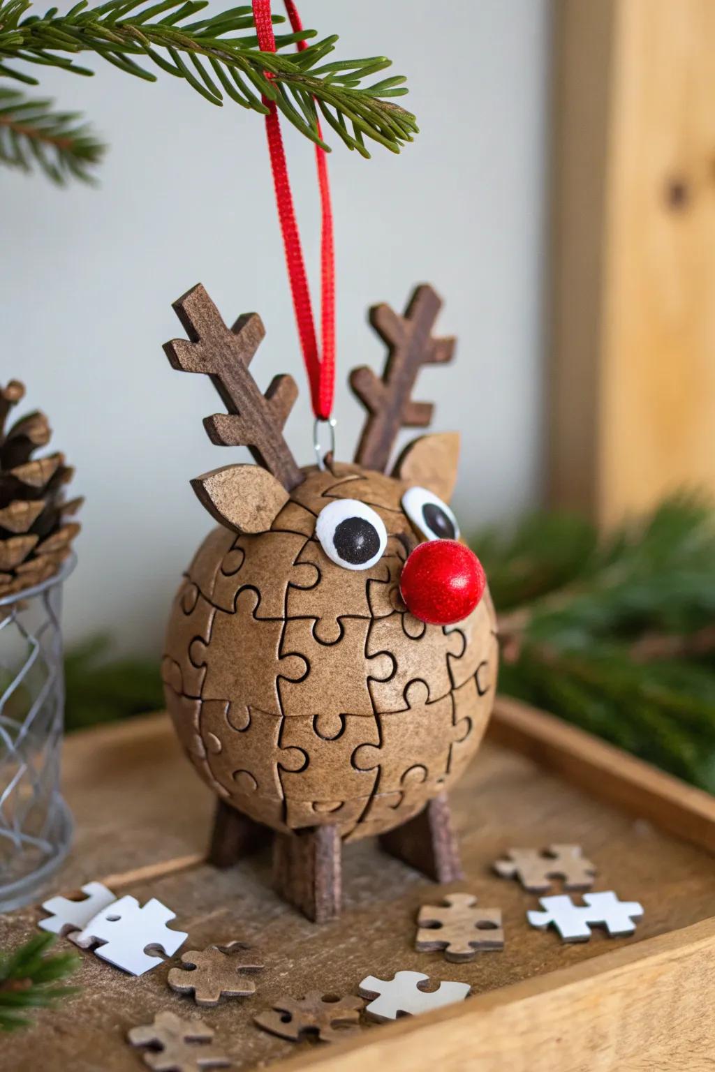 Whimsical jigsaw piece reindeer, adding character and enjoyment to holiday decorating.
