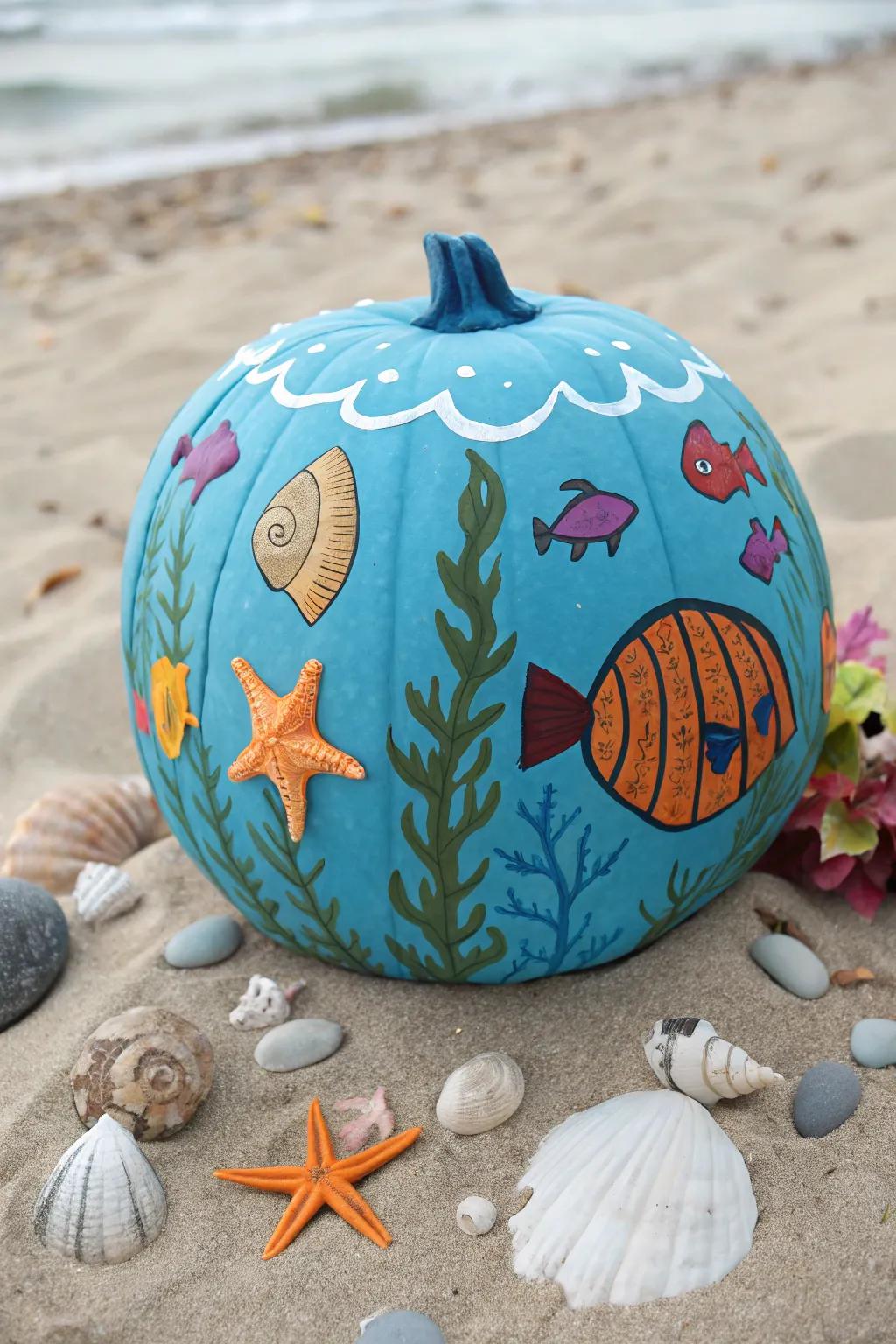 Dive into creativity with under-the-sea themed pumpkins.