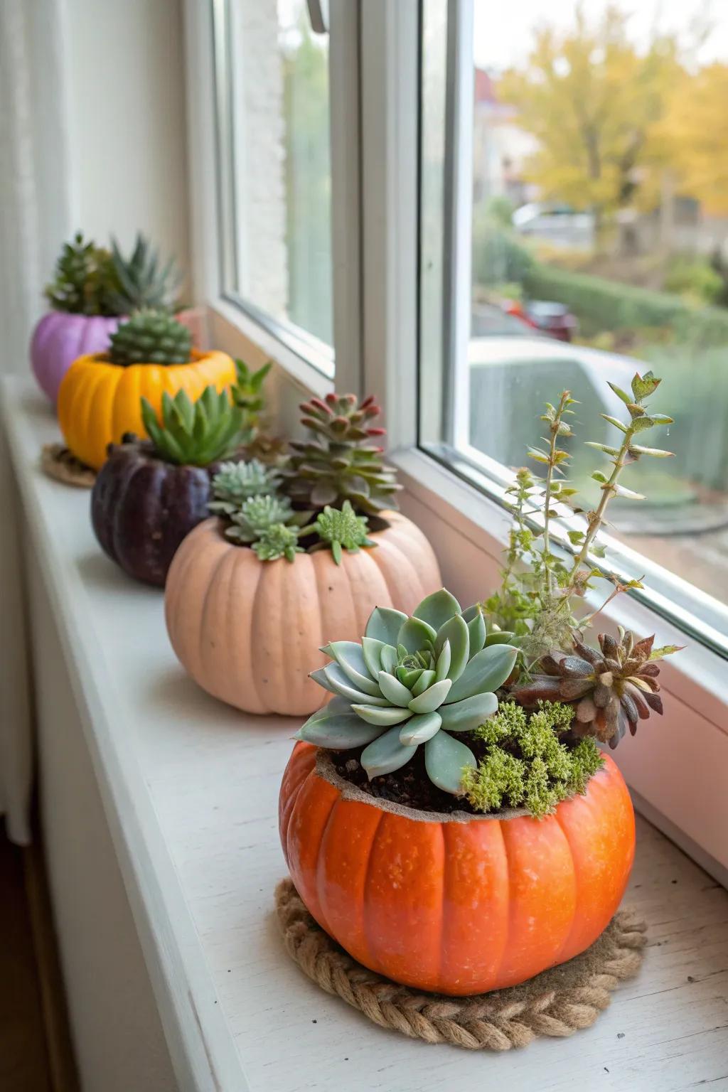Pumpkins repurposed as charming planters.