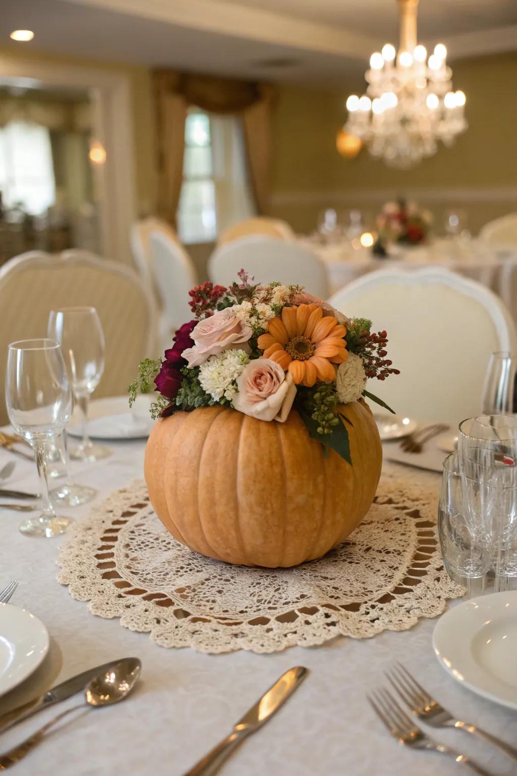 An attractive flower pumpkin ideal as a dining surface centerpiece.