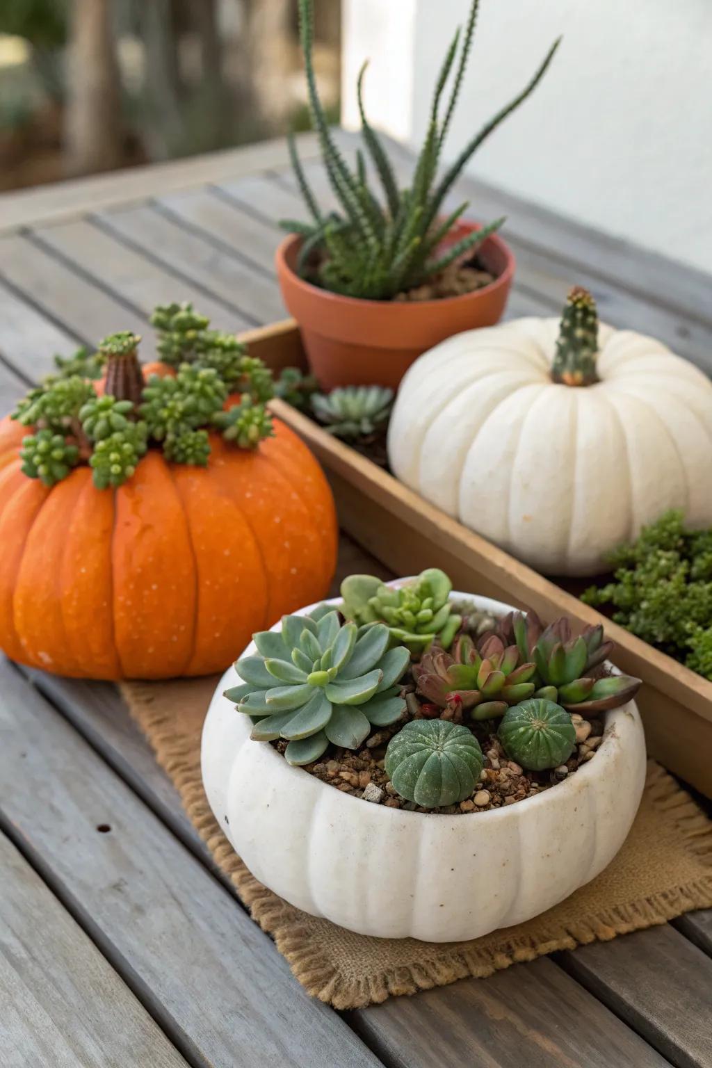 A modern fusion of pumpkins and succulents for fall decor.