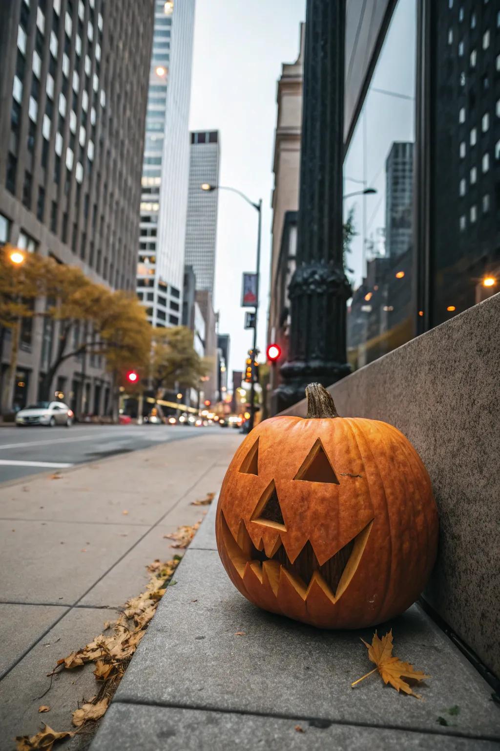 A funky, geometric pumpkin visage conceived to project a daring statement.