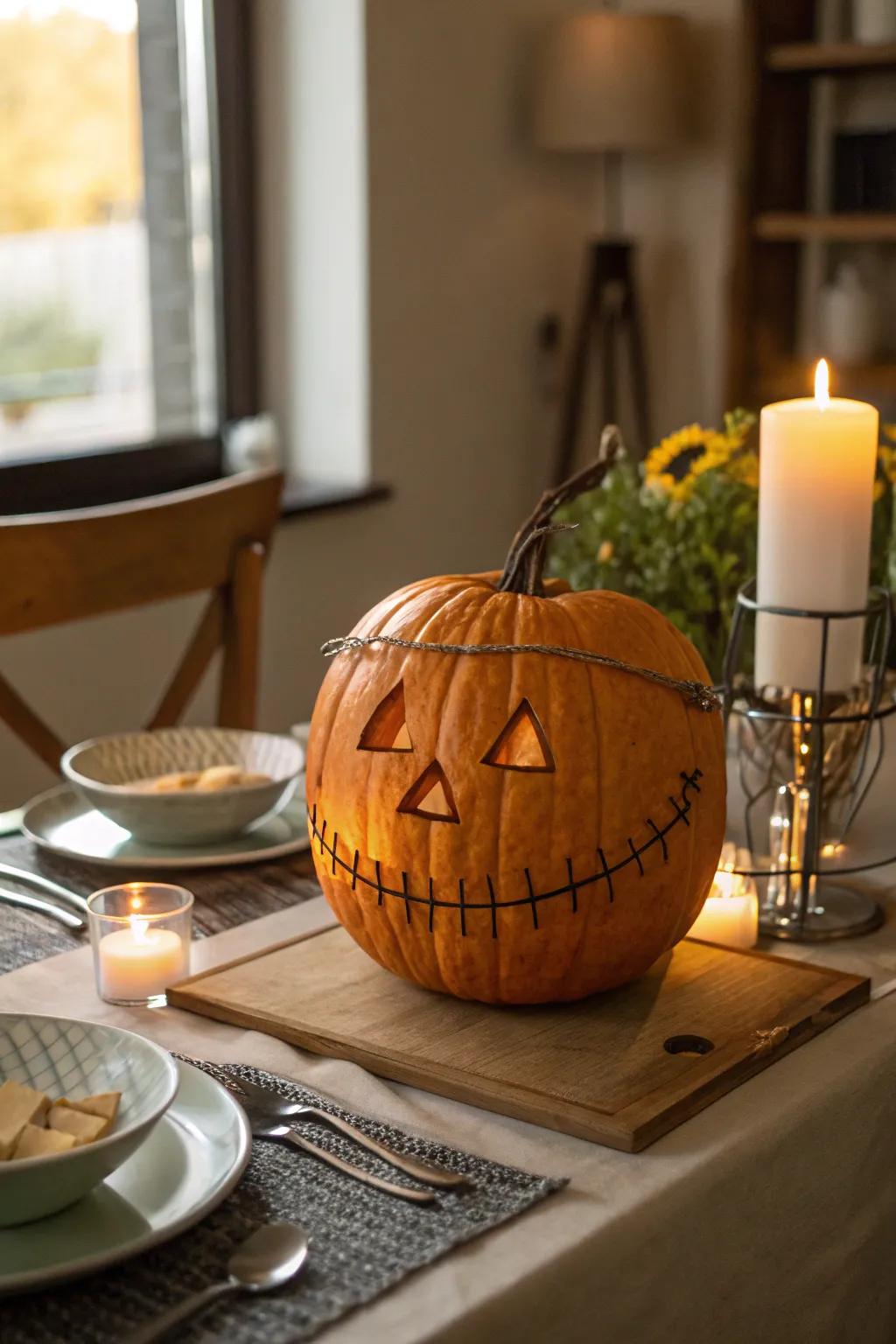 A pumpkin with support devices imparts humor and allure to your Halloween adornments.