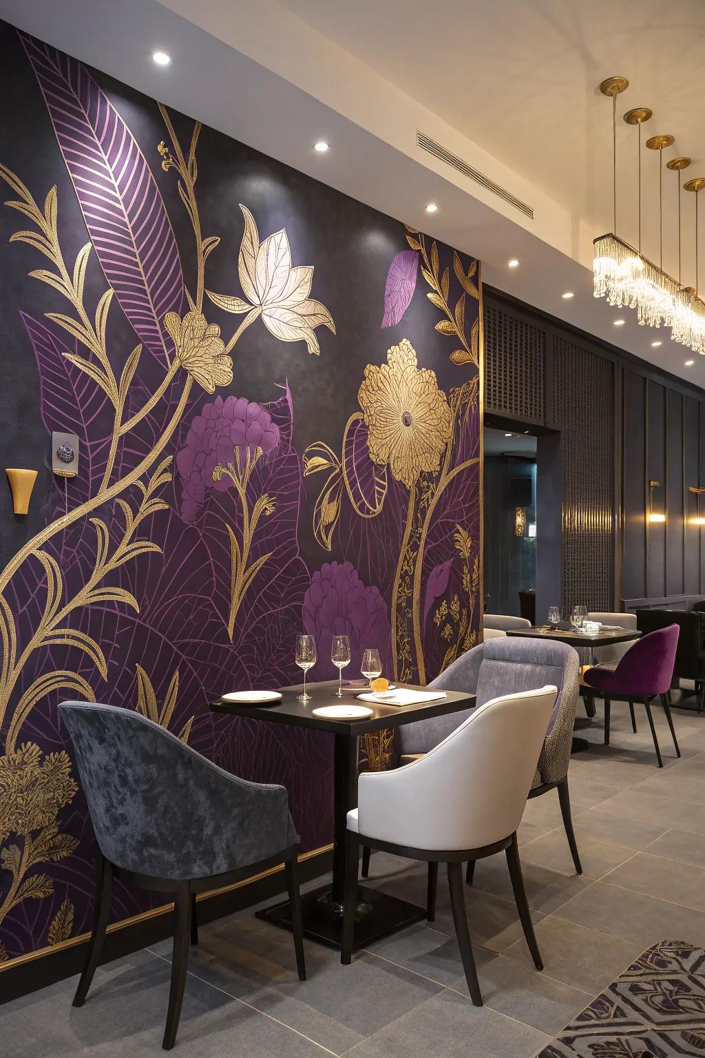 A wall mural with purple and gold elements fashions a dramatic impact.