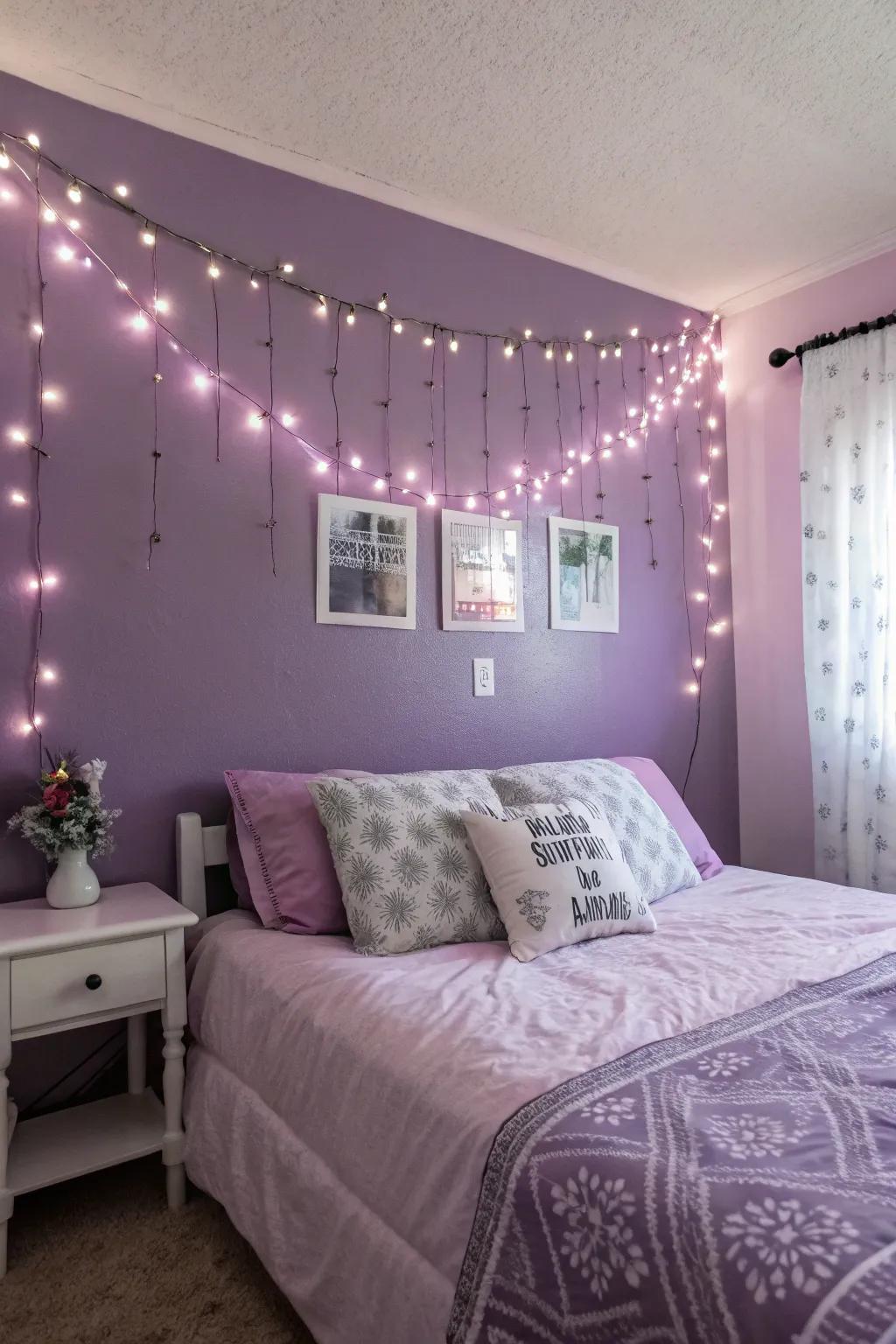 Playful fairy lights adding a magical touch to purple walls.