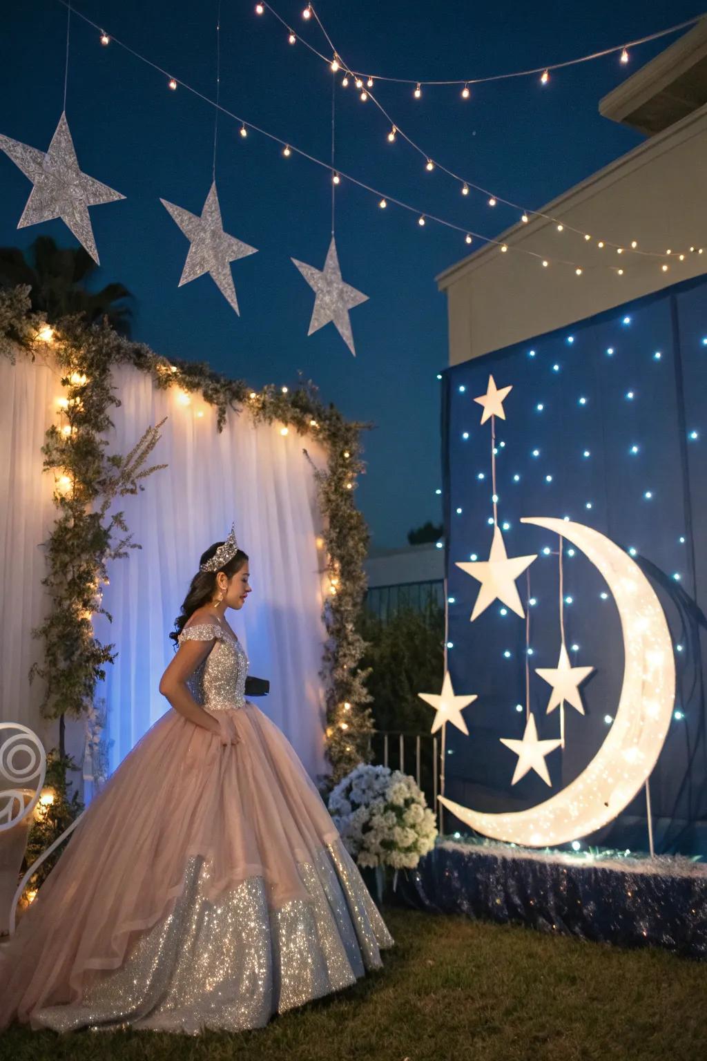 Moon and star motifs add a mystical touch to the celebration.