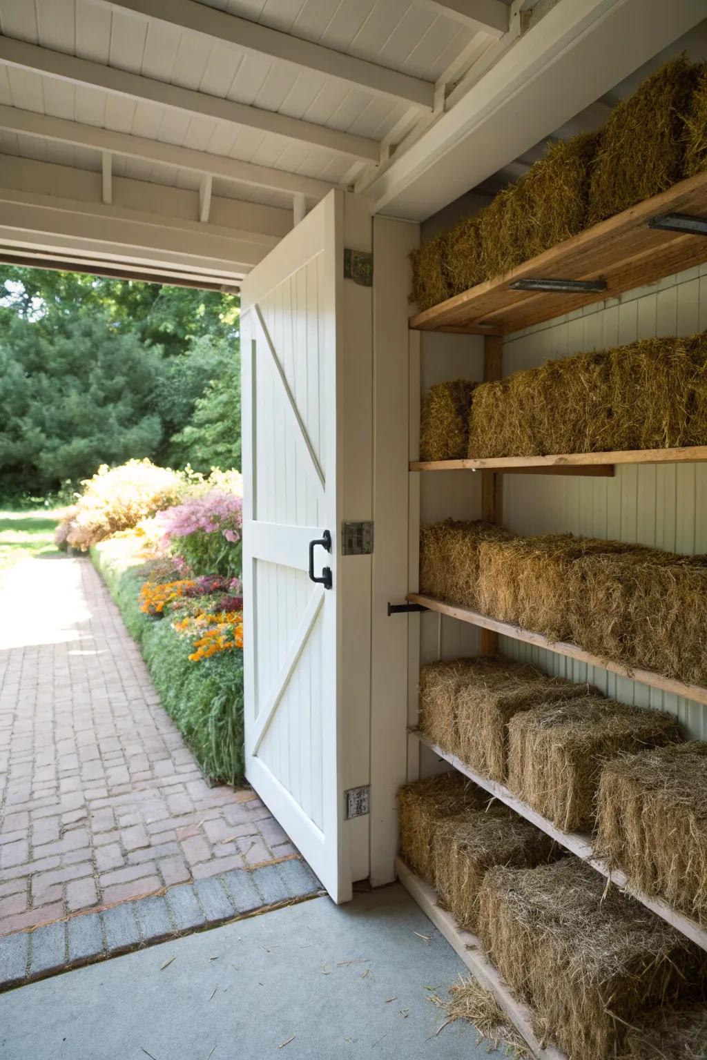 An outdoor shed provides a lot of space for hay storage.