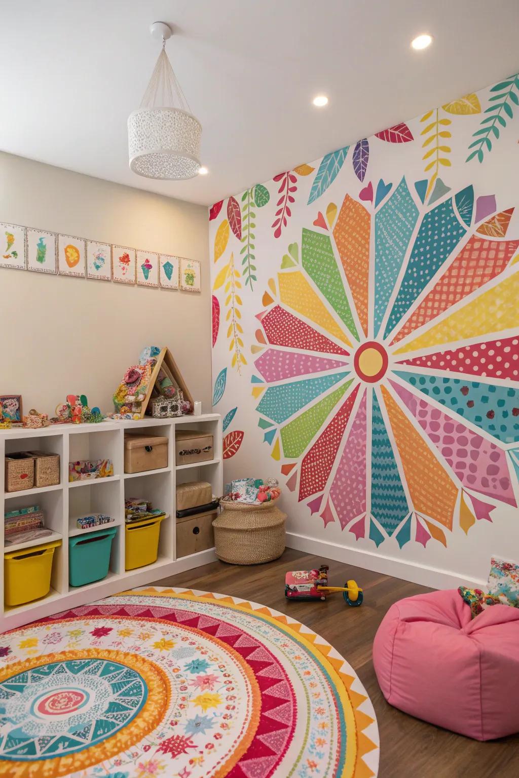 A children's playroom featuring artwork of radial pattern.