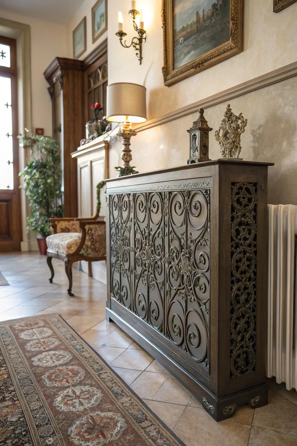Iron scrollwork adds an artistic and vintage touch to a radiator shield.