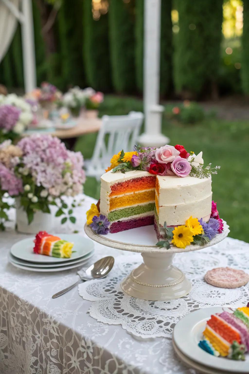 Edible blossoms lend an elegant charm to the color spectrum confection.