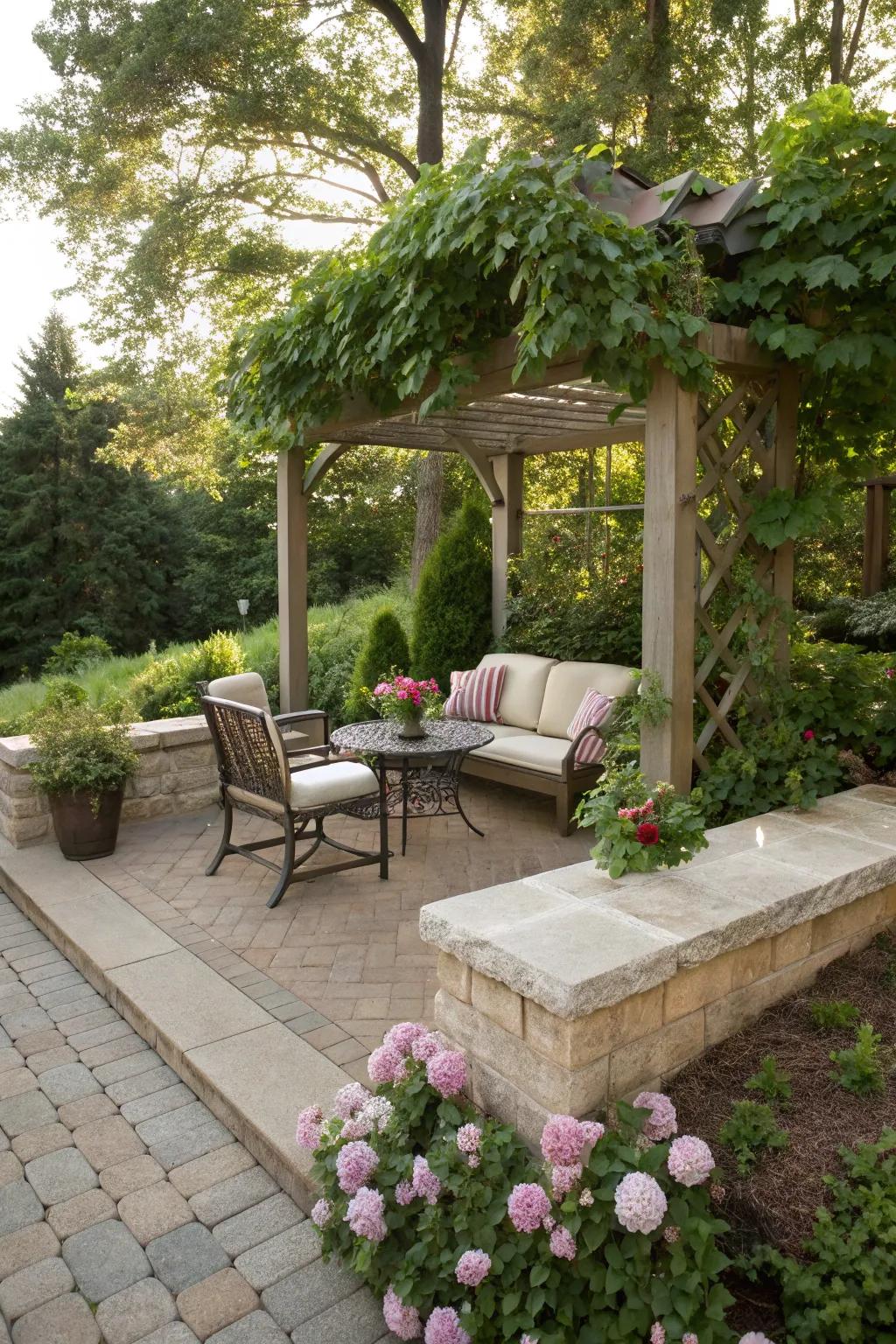 A cozy nook provides a personal retreat within the patio.