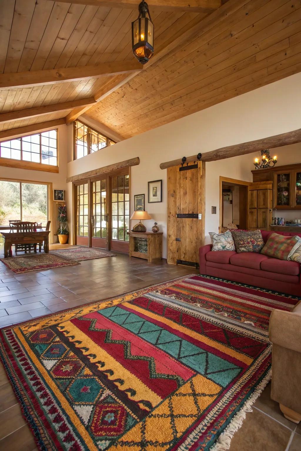Vibrant area textiles define space and add color to this open-plan ranch house.