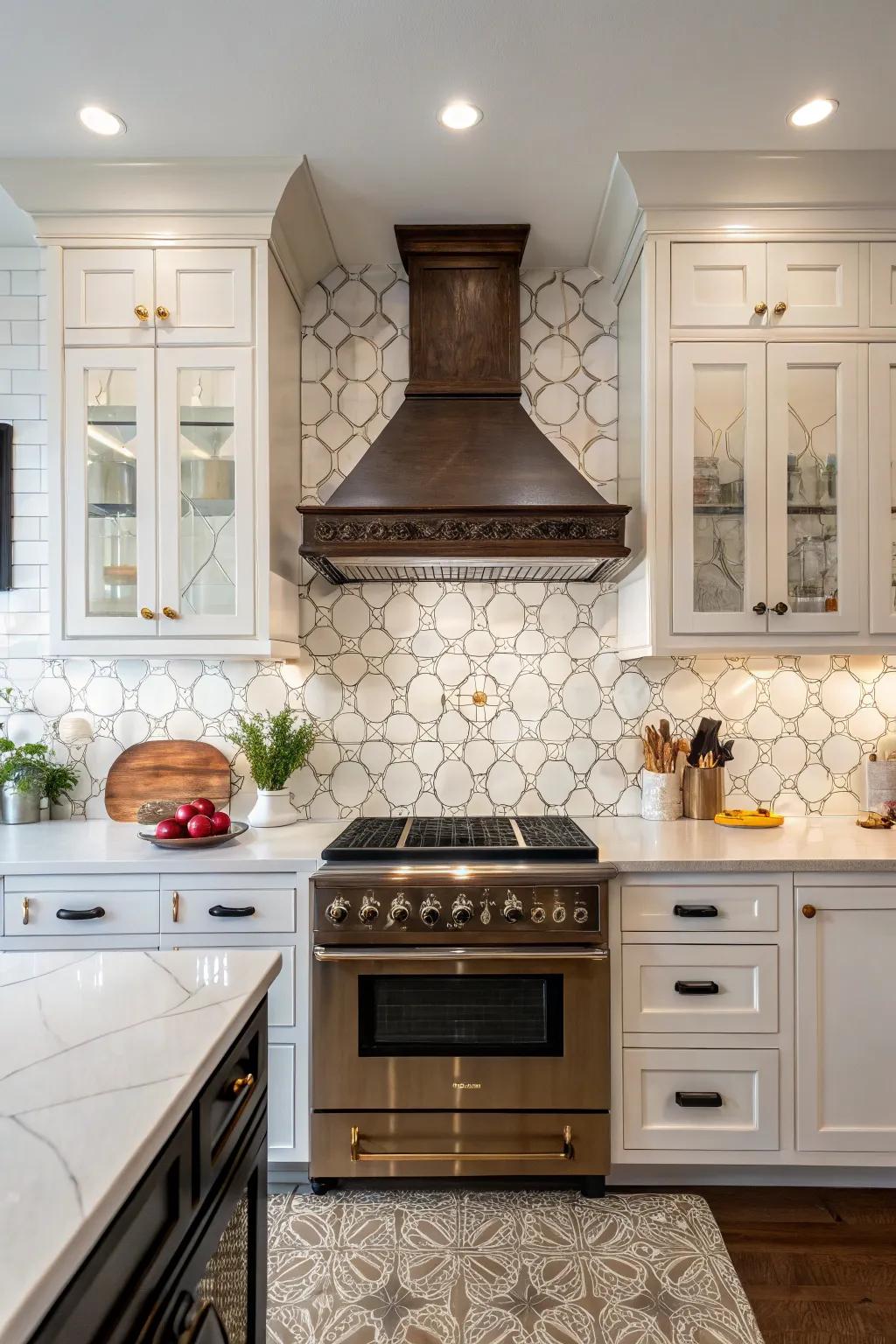 Kitchen showcasing a ceramic tile backsplash paired with a classic range hood for charm.