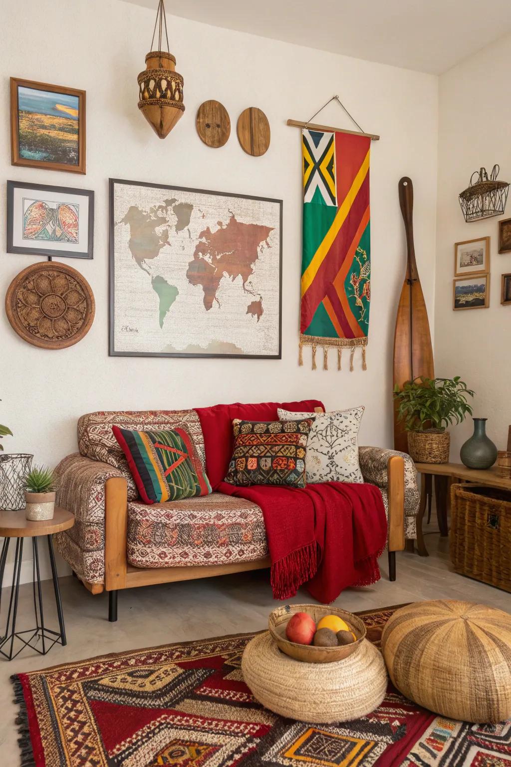 A culturally rich living room inspired by global travels.