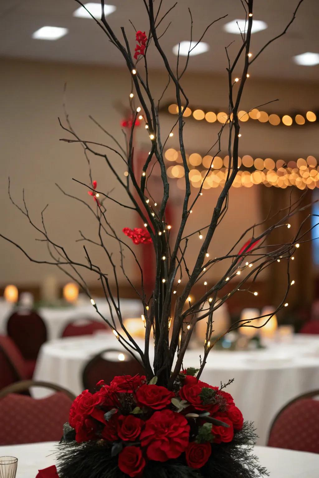 Charcoal twigs featuring scarlet details along with string lights which produce a magical display.