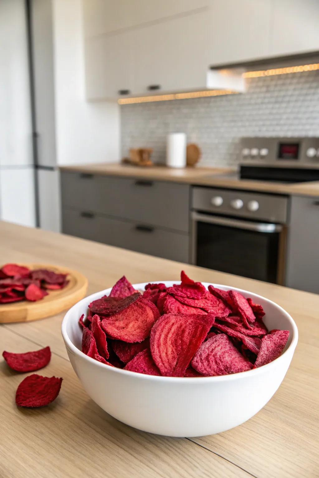 Beet chips offer a crunchy and colorful snack option.