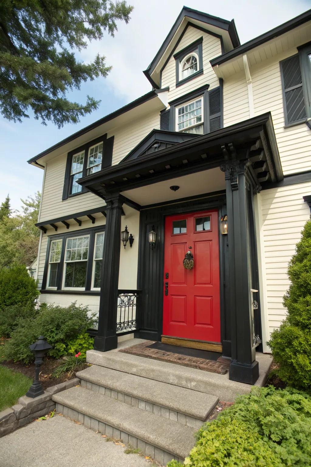 Home with a red door and black trim, epitomizing timeless elegance.