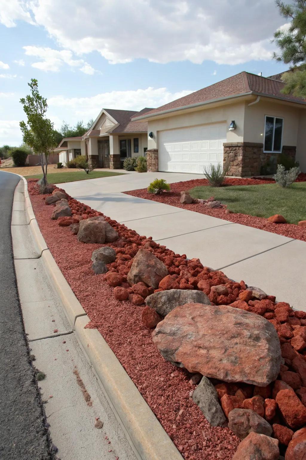 Scarlet igneous stones lining the thoroughfare render a daring proclamation for this home's facade.