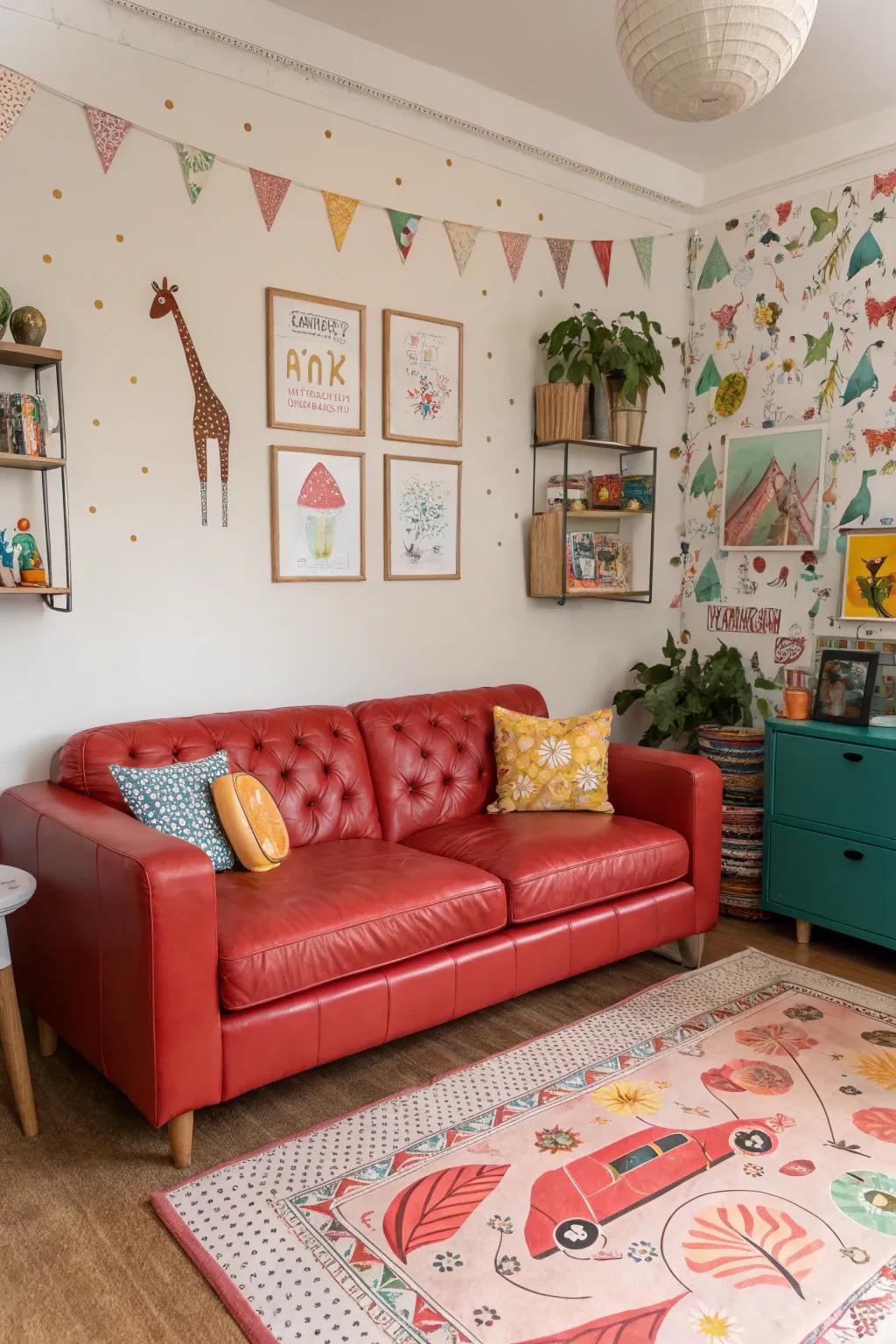 Whimsical elements carry a sense of fun and creativity to a space that includes a crimson hide lounge.