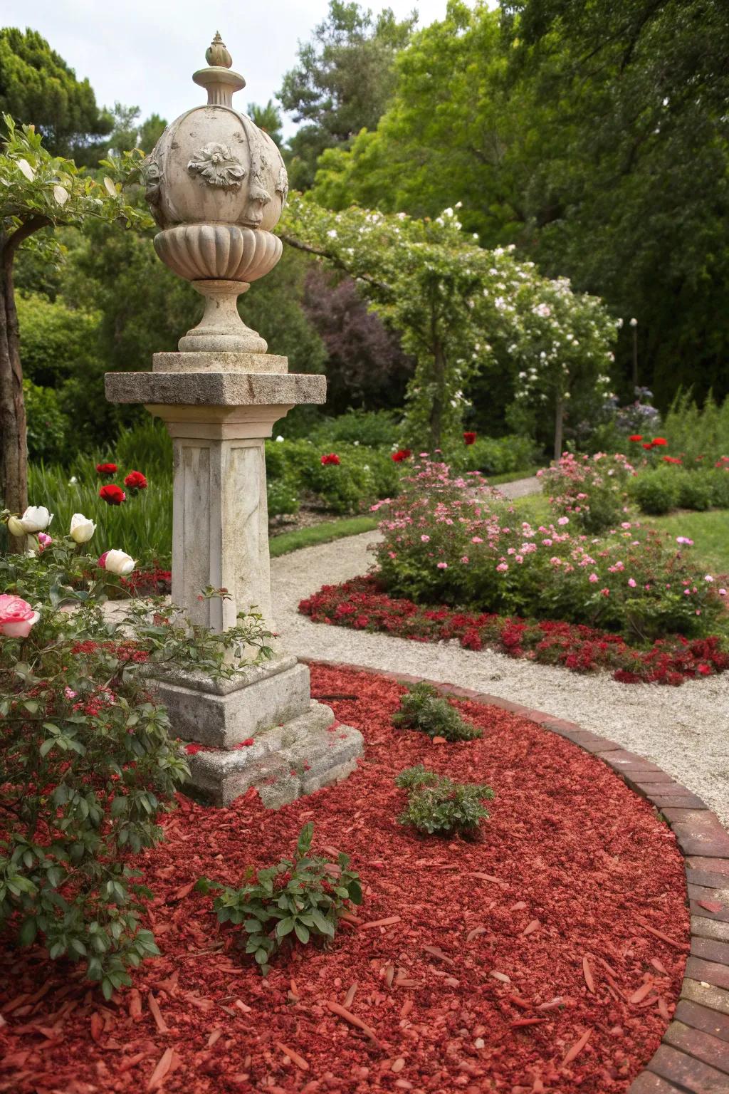 Scarlet ground cover highlights garden sculptures, transforming them into elegant focal points.