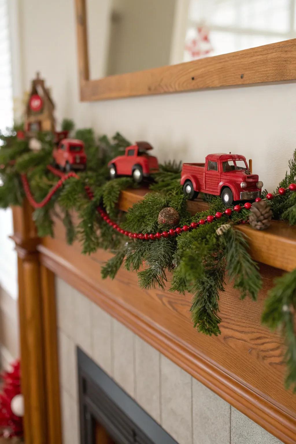 Playful garland featuring red trucks adding holiday cheer.