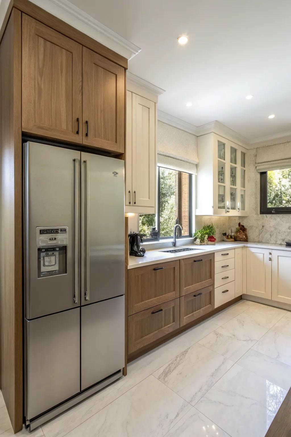 A kitchen where the refrigerator seamlessly integrates with custom matching panels.