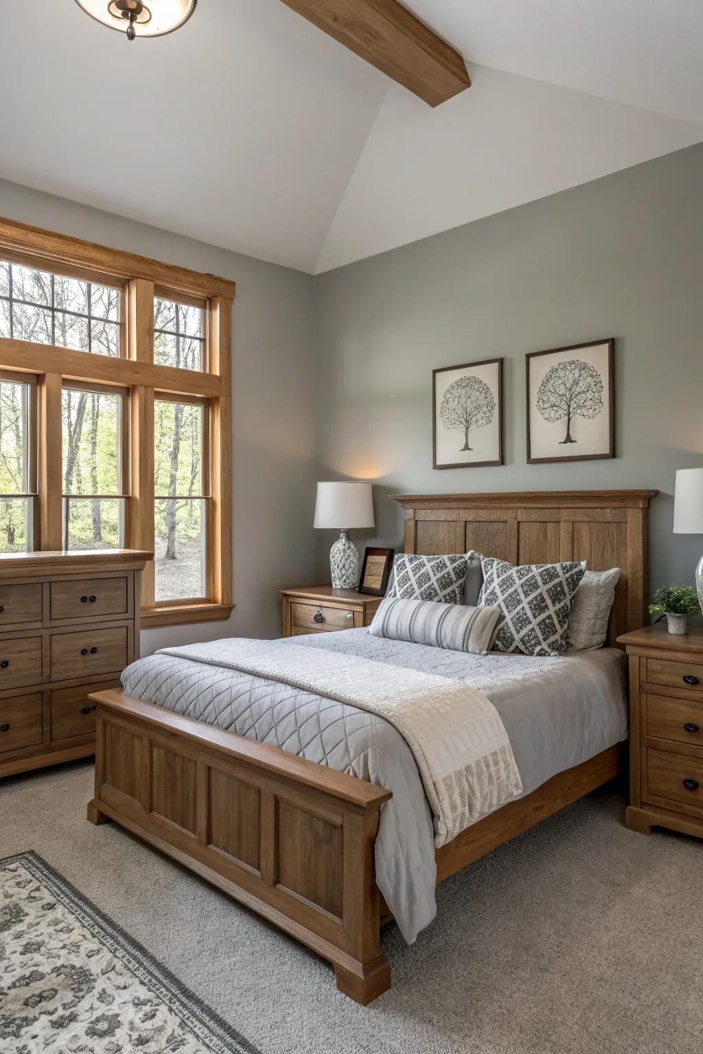 Wood accents enhance the country style of a Gentle Gray bedroom.