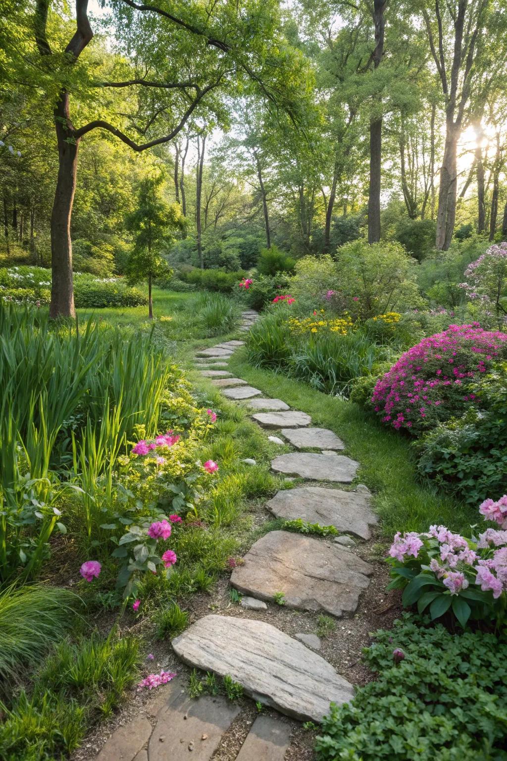 River rock stepping stones create a charming and functional garden path.