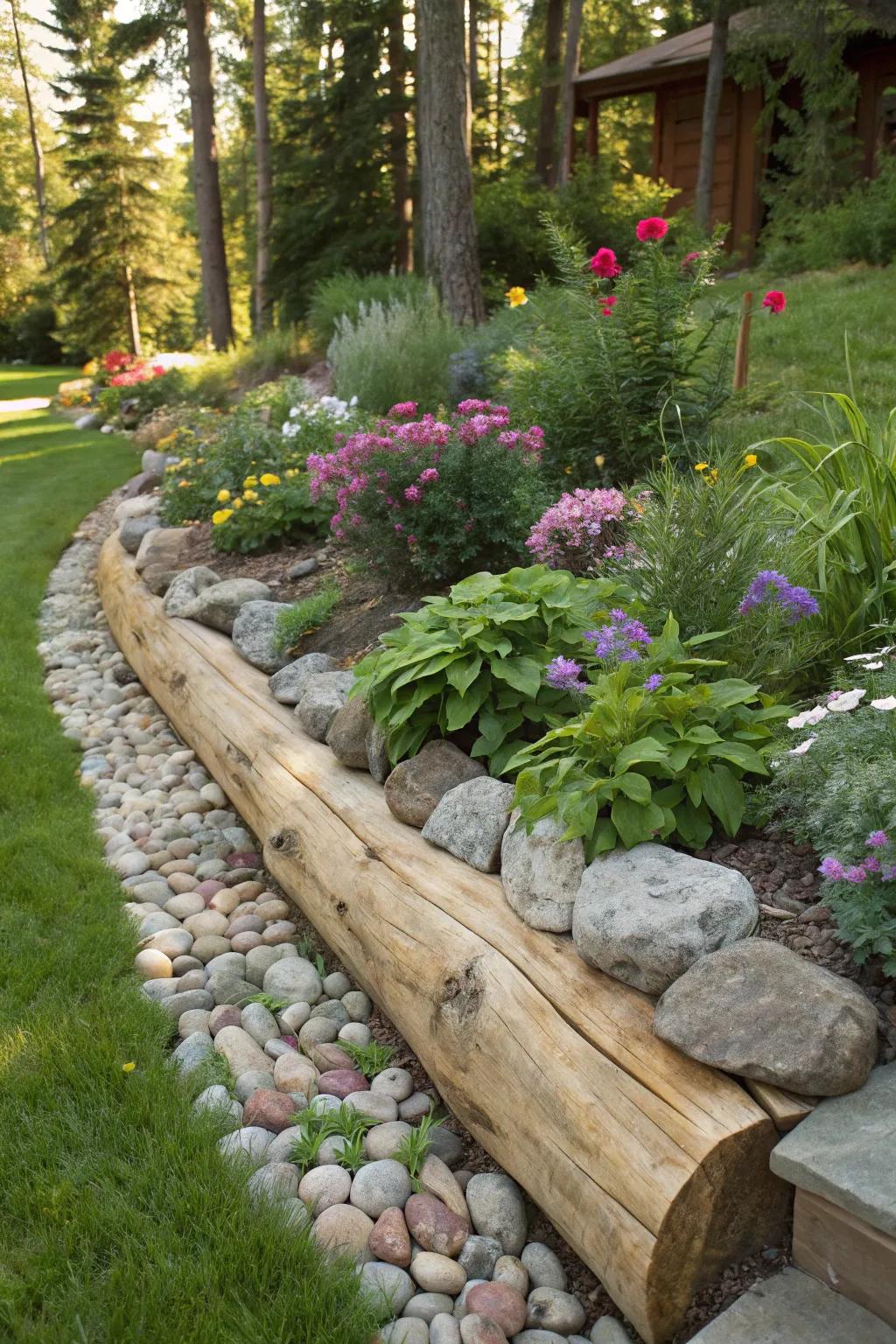 A mix of wood and stones making a warm and rustic garden border.