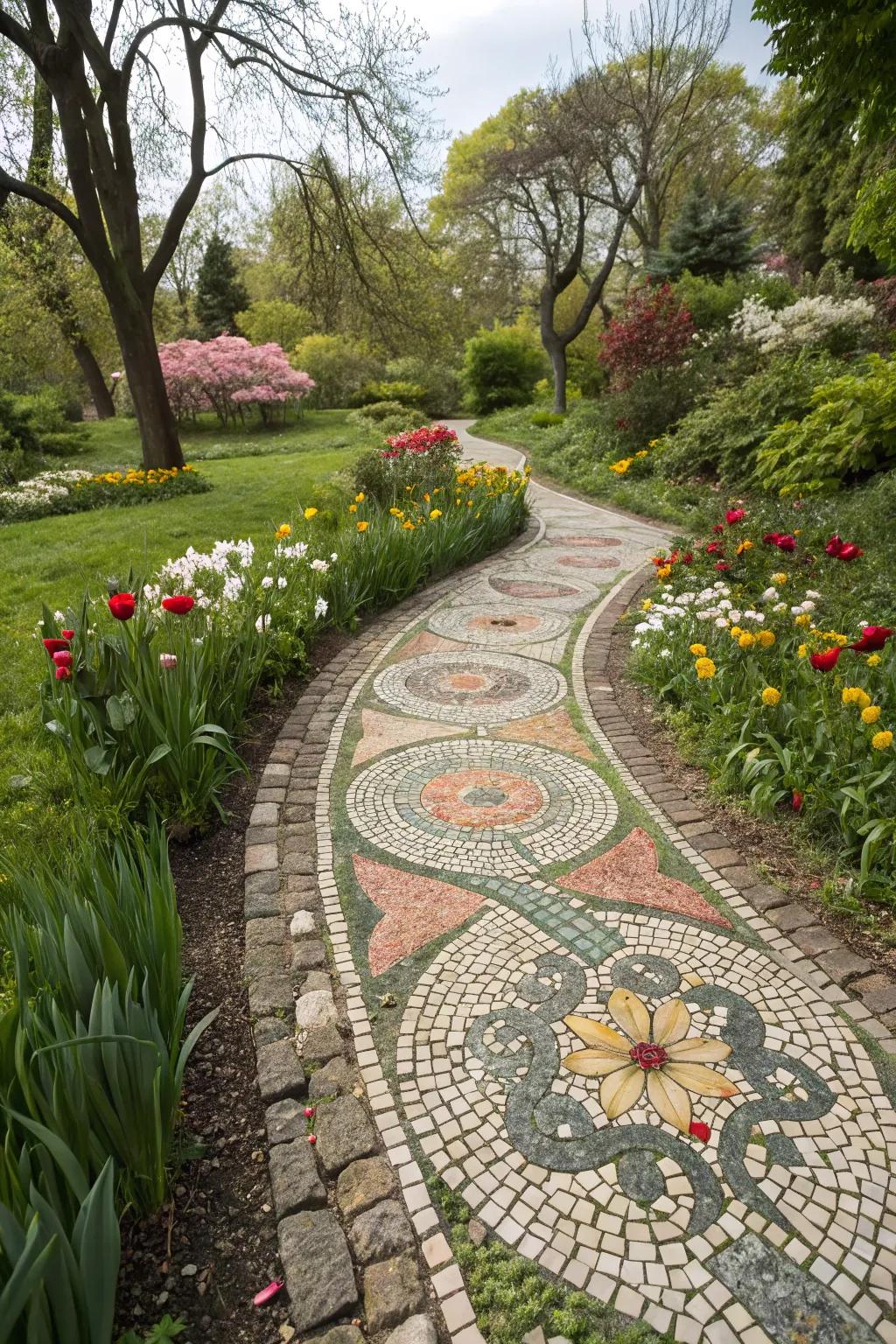 Mosaic paths furnish a singular and artistic touch to garden walkways.